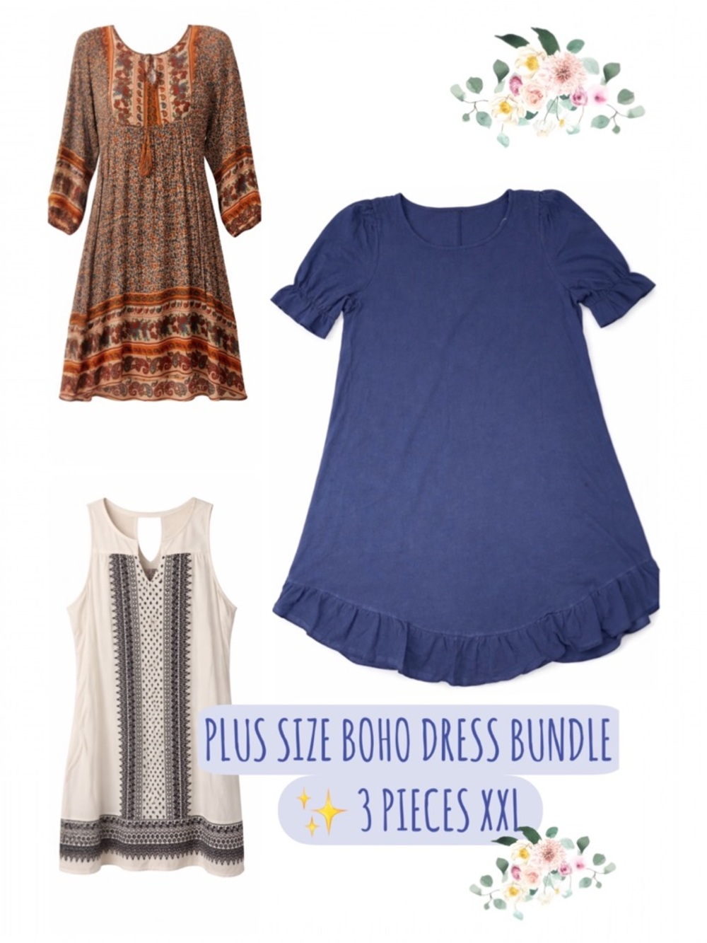 Plus Size Boho Dress Bundle XL 3 Pc Floral Navy Neutral Summer Dresses 3 for $30